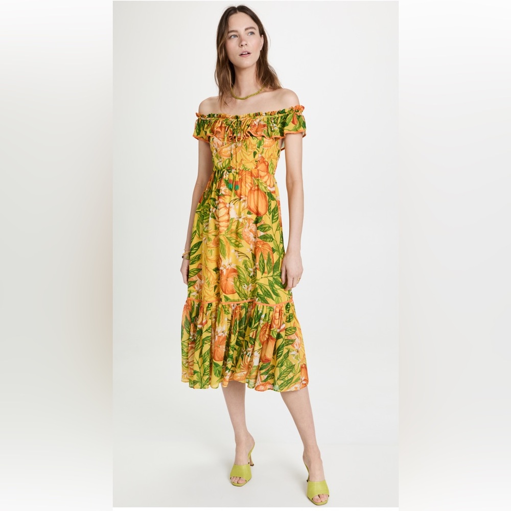 NWT FARM Rio Tangerines Midi Dress stretchy, floral, midi, flowy, off shoulder